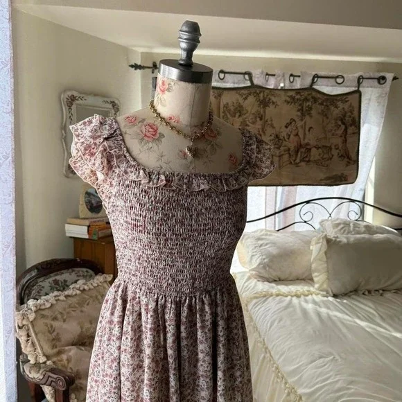 pink floral dainty cottagecore a line midi dress womens large - Picture 2 of 4